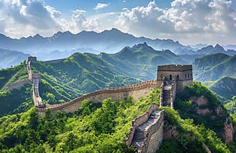 AI-generated illustration of the Great Wall of China winding through lush green mountains