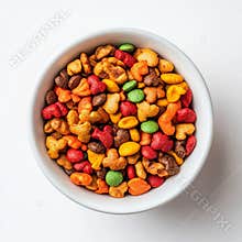 Cat and dog food in golden bowl, top view, isolated on transparent background