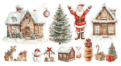 An isolated watercolor clipart of holiday elements with Santa Claus, reindeer, a tree, gingerbread house, and ornaments