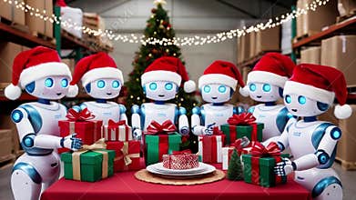 Santa clause hat wearing robots with presents in christmas festive in front of table