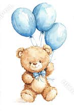 Cute watercolor illustration of a brown bear holding blue balloons for baby shower invitations