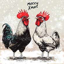 Two festive chickens wishing a merry Christmas