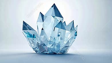 Group of light blue transparent crystals is sparkling on a white background, creating a beautiful and elegant