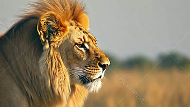 Golden light illuminates a majestic male lion with a flowing mane, creating a powerful portrait against a blurred