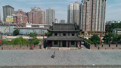 Aerial drone view of ancient city wall in Xian. Xian in China panorama from drone. Fortifications of Xian City Wall. Xian old town