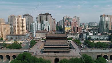 Aerial drone view of ancient city wall in Xian. Xian in China panorama from drone. Fortifications of Xian City Wall. Xian old town