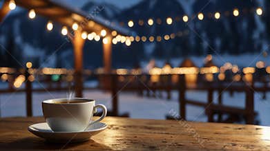 Steaming coffee mug on rustic table with winter mountain view
