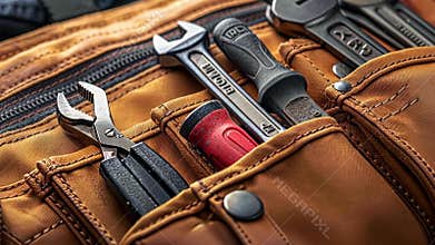 An array of different sized wrenches and pliers resting in a tool belts front pockets