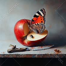 Realistic still life with sliced apple, butterfly, and knife on rustic surface