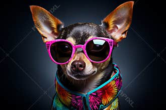 Cool looking Chihuahua dog wearing funky fashion and sunglasses