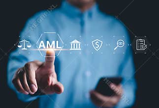 AML, Anti Money Laundering and Financial Compliance Concept. Businessman touches on AML, icons for banking, security, monitoring,
