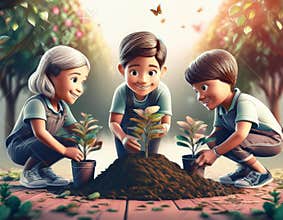Child planting tree cartoon