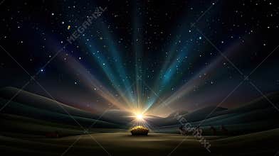 A vibrant sunset illuminates a nativity scene with the Star of Bethlehem shining brightly. Silhouettes of wise men