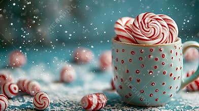 Generative AI Candy cane sweets in a mug Christmas and New Year background Copy space business concept.