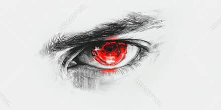 Futuristic digital eye with red technology interface illustration