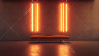 Futuristic living room with neon lights and warm boho decor in an abstract space