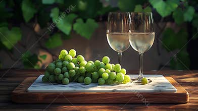 Generative AI Fresh grape on marble cutting board with glasses of white wine Wooden background business concept.