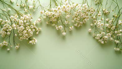 Generative AI Frame of white flowers gypsophila Babys Breath Flat lay composition Pastel green background Top view
