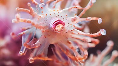 Vibrant underwater macro photography of coral polyp with tentacles and colourful background