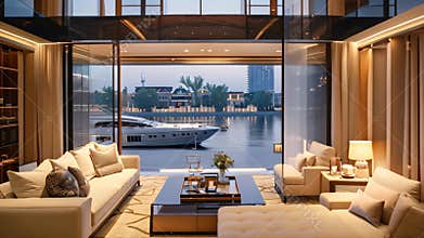 A luxurious living room with large windows overlooking a harbor with a yacht, Lavish yacht clubs with stunning waterfront views