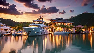 A luxury yacht rests peacefully at a waterfront yacht club, bathed in the warm glow of sunset, Lavish yacht clubs with stunning