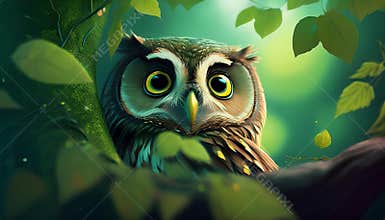 Owl in tree cartoon