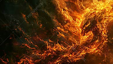 Aerial view of a raging wildfire engulfing a hillside, burning trees and spreading across the landscape, The crackle and roar of