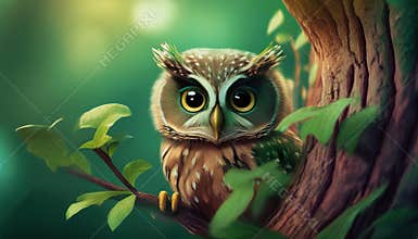 Owl in tree cartoon