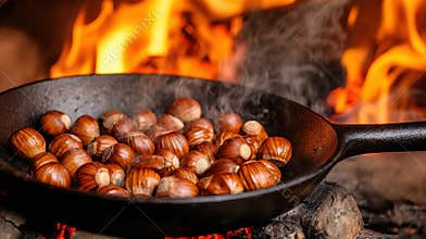 Roasting chestnuts in a cast iron pan over an open flame for cozy winter cooking and seasonal warmth