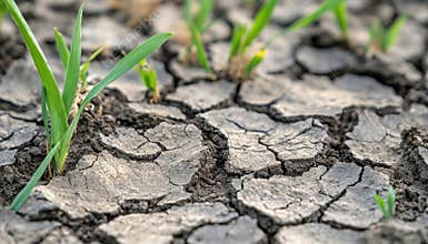 New grass blades emerge from cracked dry soil in a sunlit landscape