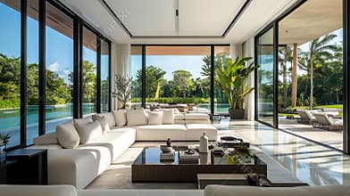 Modern luxury home interior with floor-to-ceiling windows and poolside view