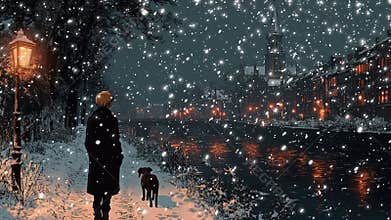 A woman and his dog are walking in the snow.