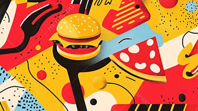 Stylized fast food icons of burgers, pizza, and fries create a lively composition with bold colors and playful patterns