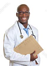 Laughing african doctor with a medical record in his hand