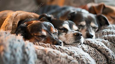 A cozy corner with plush beds and blankets where a group of senior dogs enjoy a peaceful afternoon nap