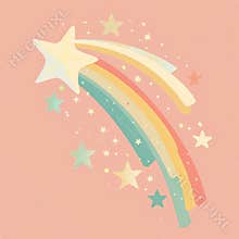 Shooting star, The illustration with a pastel pink, yellow, blue, green and orange palette conveying a celestial theme