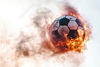 A burning soccer ball is suspended high above the ground, with flames and smoke visible