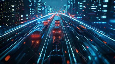 Autonomous vehicles driving on futuristic highway in smart city at night