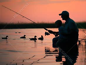 Father Day Concept Silhouette Of Father And Son Fishing In A Lake At Sunset - A Quiet Moment Of Nature Togetherness