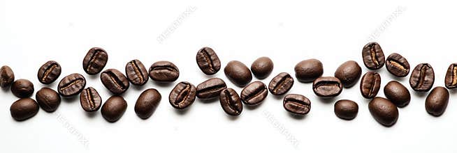 Close-up of dark brown coffee beans scattered across isolated transparent background. Approximately 20 beans arranged randomly.