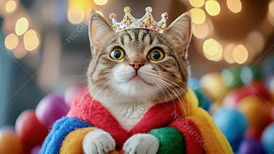 Cat wearing a crown and rainbow cape surrounded by colorful balloons, AI