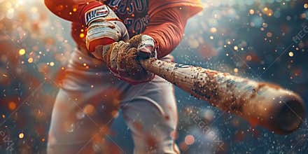 Baseball player holds a baseball bat and hits a baseball background