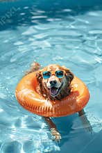 happy dog in sunglasses in the pool in a circle