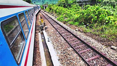 Train and railway on Hai Van pass seen from a train carriage