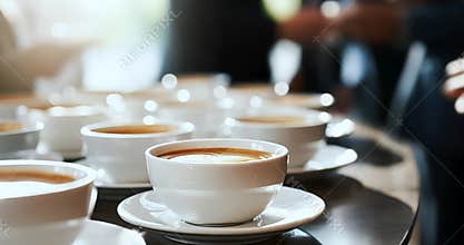 people on coffee break at business conference meeting. closeup of coffee cups
