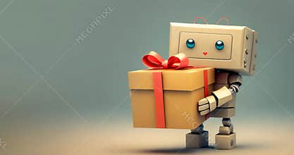 cute little robot holding gift box