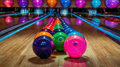 Colorful bowling balls lined up on polished wooden alley with pins in background