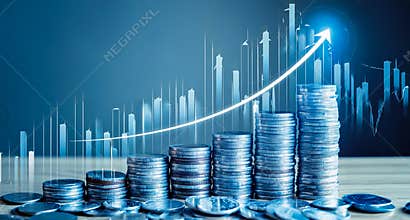 Coins and Financial Growth Chart with Blue Background - Finance and Investment Concepts