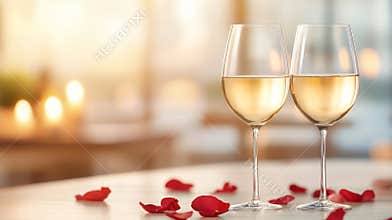 Romantic sunset setting with two glasses of white wine and scattered rose petals on a table