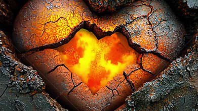 Transformation of Glowing Heart with Flames surrounded Cracked Charcoal. Symbol of Passion and Resilience